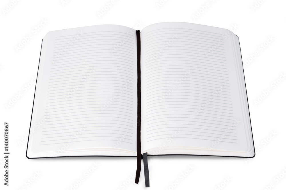 Open blank paper notebook on white background. Open blank paper notebook on white background.