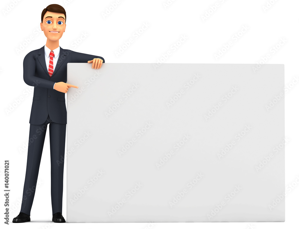 Man holding blank board and pointing finger at it over white background. 3d rendered illustration. Man holding blank board and pointing finger at it over white background. 3d rendered illustration.
