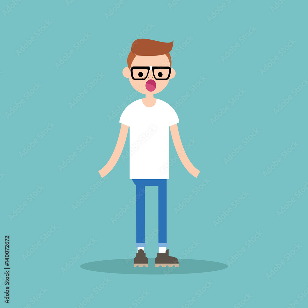 Surprised young nerd standing with open mouth / flat editable vector illustration Surprised young nerd standing with open mouth / flat editable vector illustration