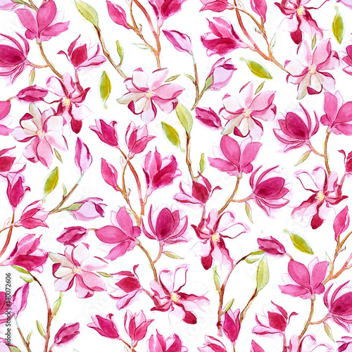 Seamless pattern of watercolor romantic magnolia flower isolated on white background