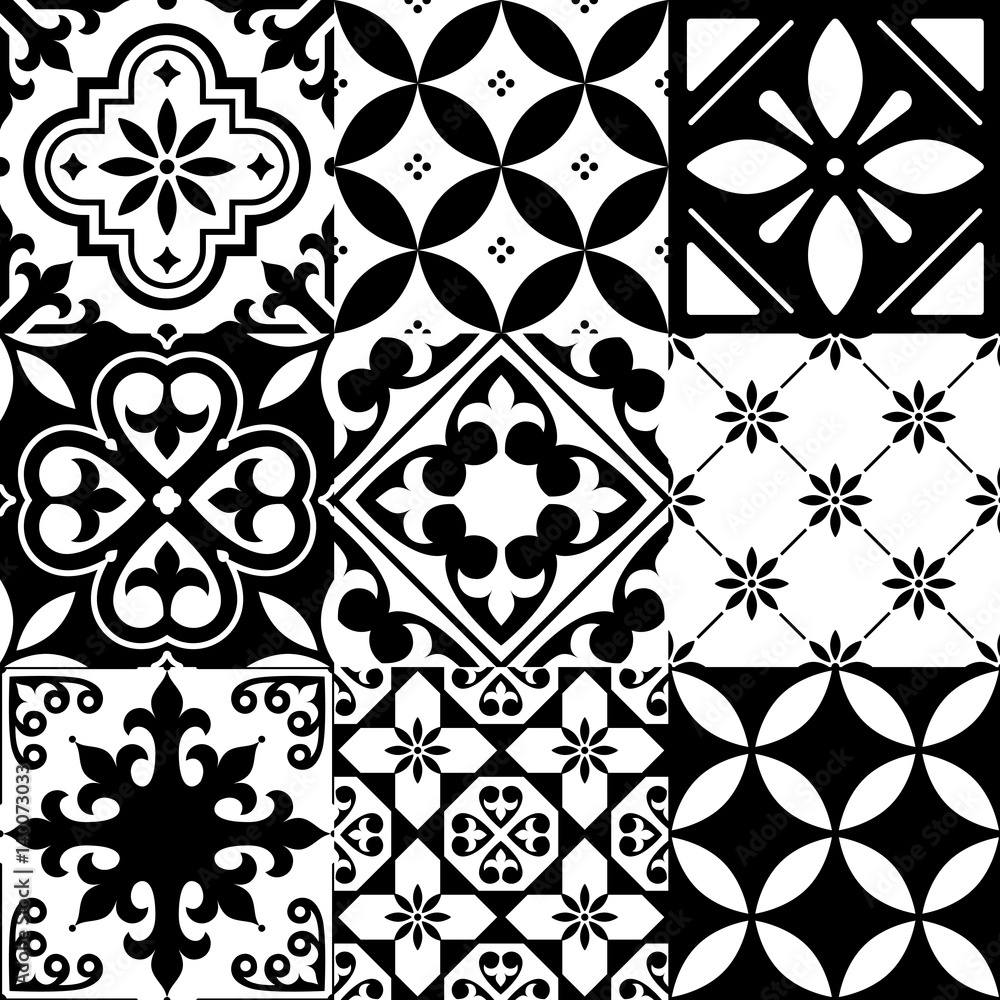 Obraz premium Hiszpańskie kafelki, wzór marokańskich płytek, bez szwu czarny wzór