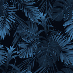 Handdoek met foto Palmbomen patronen Indigo monstera en guzmania bloemen  © Ms.Moloko