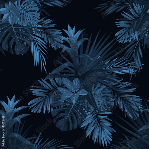Exotic tropical vector background with hawaiian plants and flowers. Seamless indigo tropical pattern with guzmania flowers, monstera and royal palm leaves.