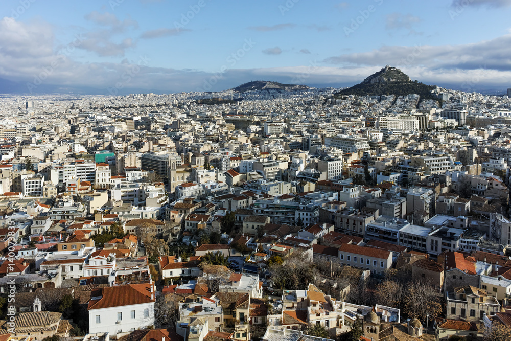 Panoramic view from Acropolis to city of Athens, Attica, Greece