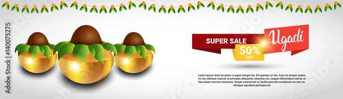 Holiday Sale Shopping Happy Ugadi Gudi Padwa Hindu New Year Greeting Card Banner Flat Vector Illustration