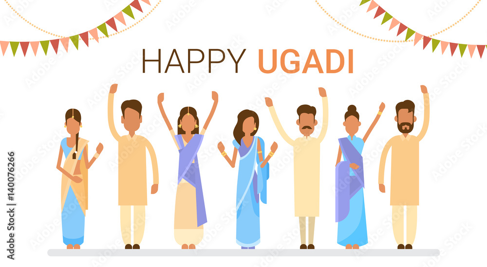 People Group Celebrate Happy Ugadi and Gudi Padwa Hindu New Year Greeting  Card Holiday Flat Vector Illustration Stock Vector | Adobe Stock