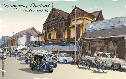 sketch of cityscape show asia style trafic on street and building in Thailand, illustration vector