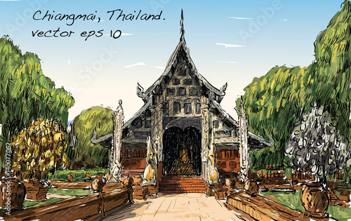 sketch of cityscape show asia style temple space in Thailand, illustration vector