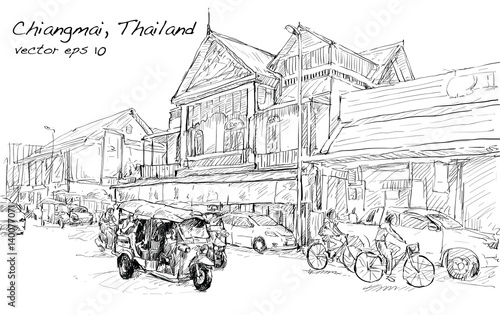 sketch of cityscape show asia style trafic on street and building in Thailand, illustration vector