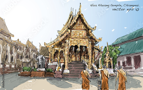 sketch of cityscape show asia style temple space in Thailand, illustration vector
