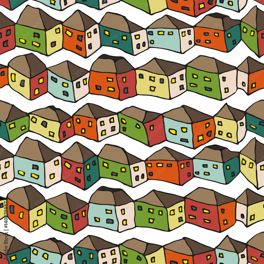 Seamless hand drawn vector pattern with homes for textile, ceramics, fabric, print, cards, wrapping