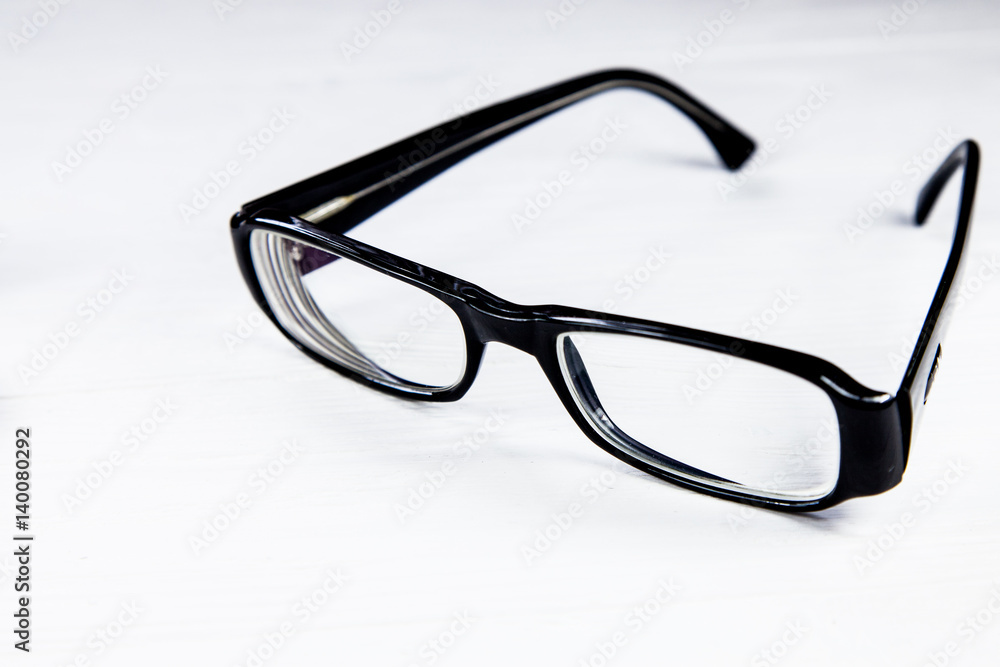Black glasses, isolated on white background, close up Black glasses, isolated on white background, close up