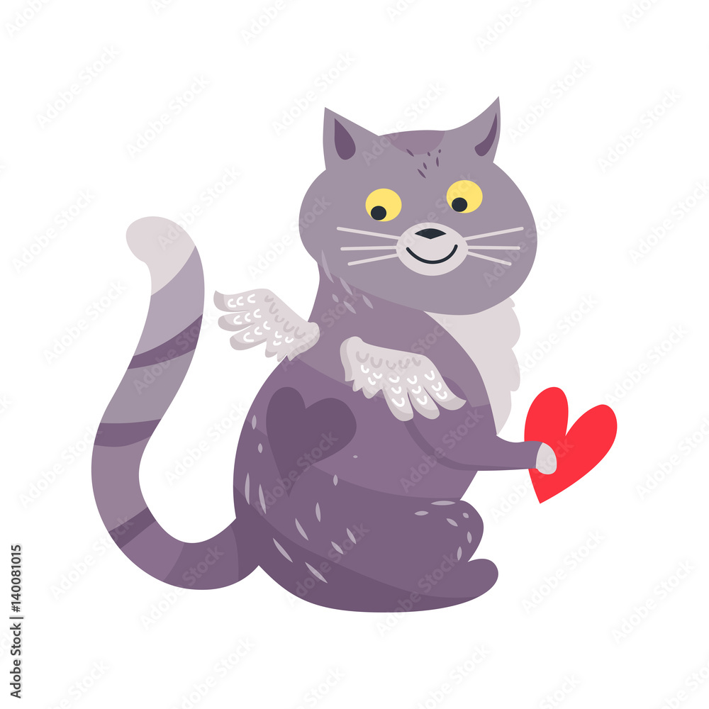 Cat with Angel Wings Holding Red Heart Isolated Cat with Angel Wings Holding Red Heart Isolated