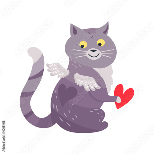 Cat with Angel Wings Holding Red Heart Isolated