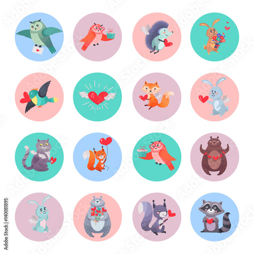 Set of Animals with Hearts. Valentines Day Concept
