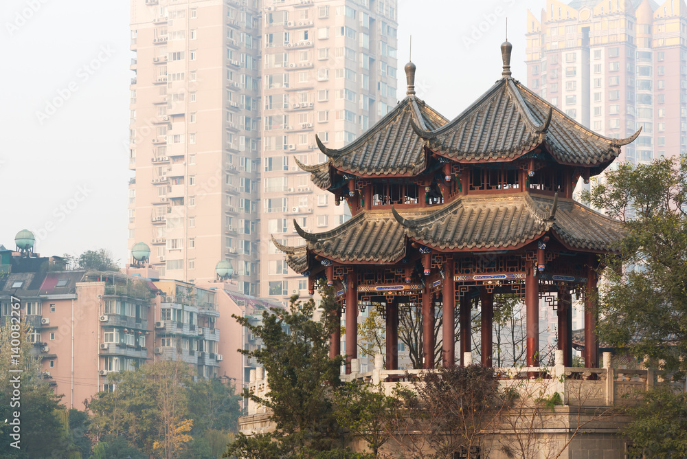 Fototapeta premium Pagoda in Chengdu downtown in the fog - China