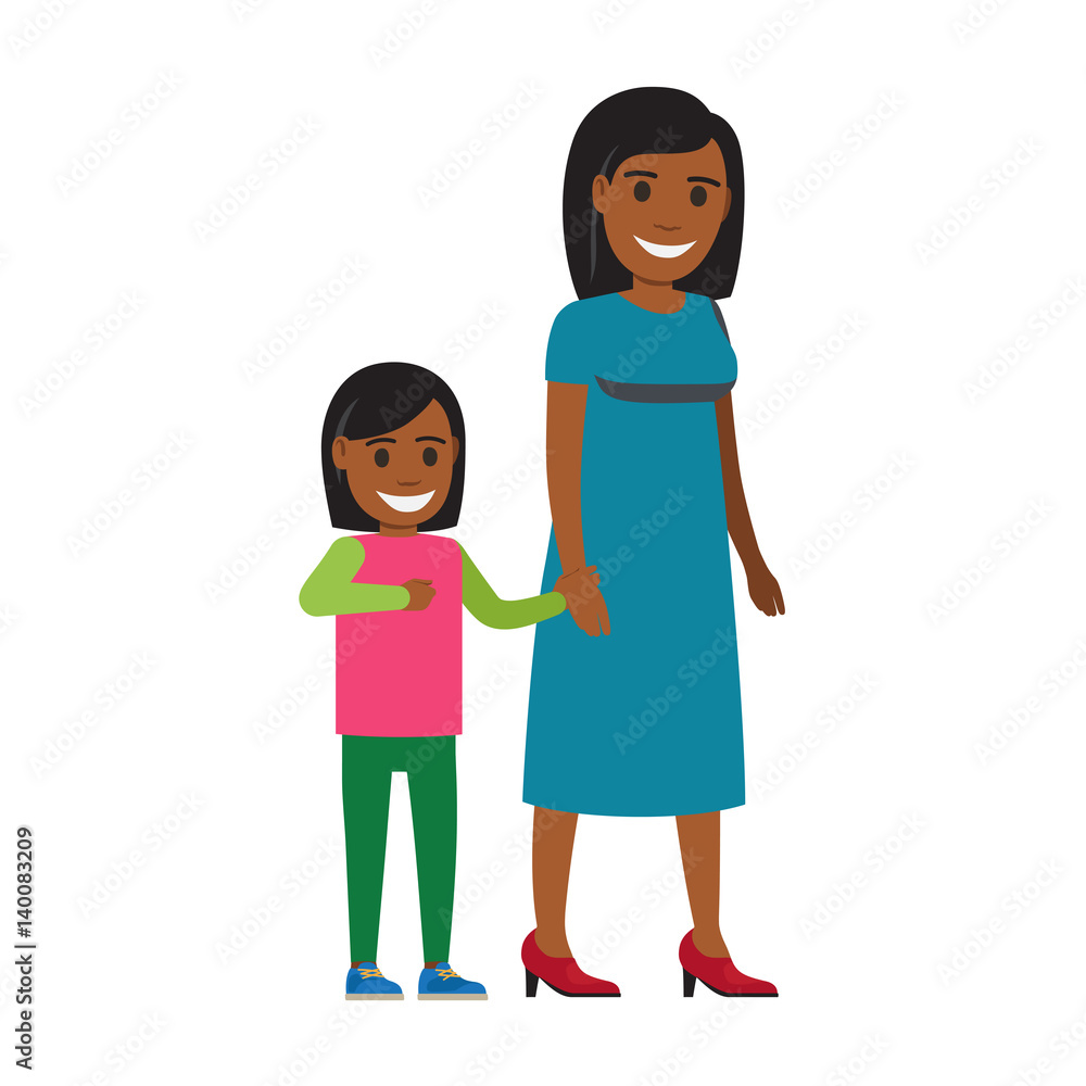 Happy Mother Walking with Daughter Flat Vector