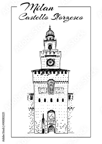 Sforza Castle or Castello. Sforzesco sketch illustration. Medieval castle in Milan