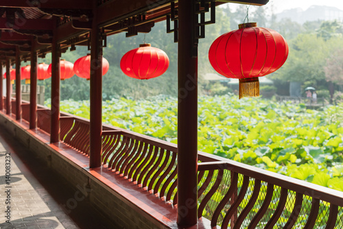Wallpaper Mural Row of chinese lanterns hanging on a chinese traditional bridge on sunlight Torontodigital.ca