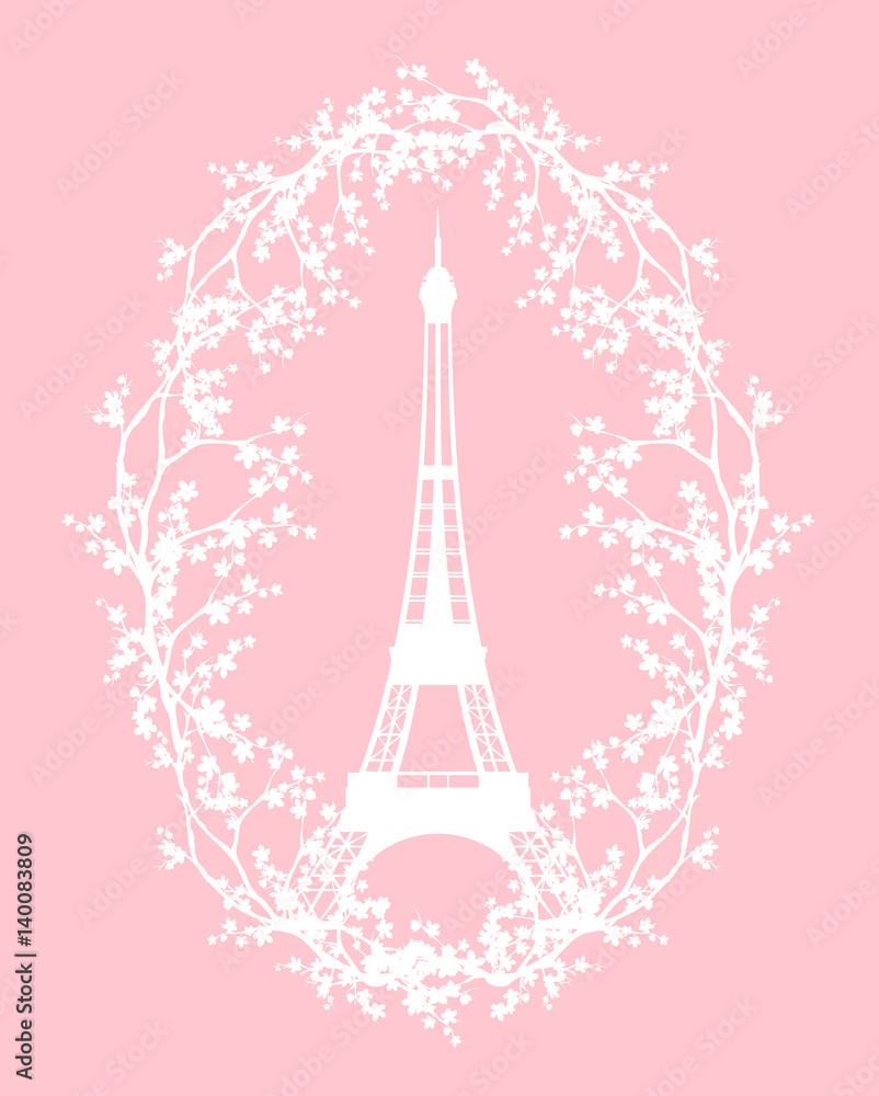 eiffel tower among blooming tree branches - spring season in Paris vector silhouette design