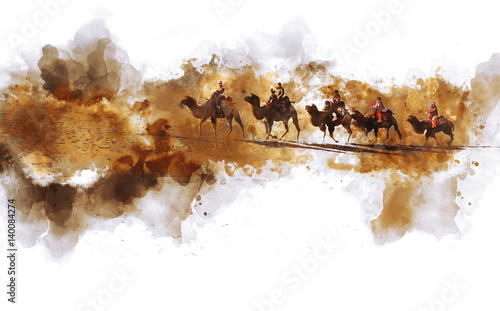 Tableau sur toile Camels and people walking on the silk road and sand dune of desert,  digital wat