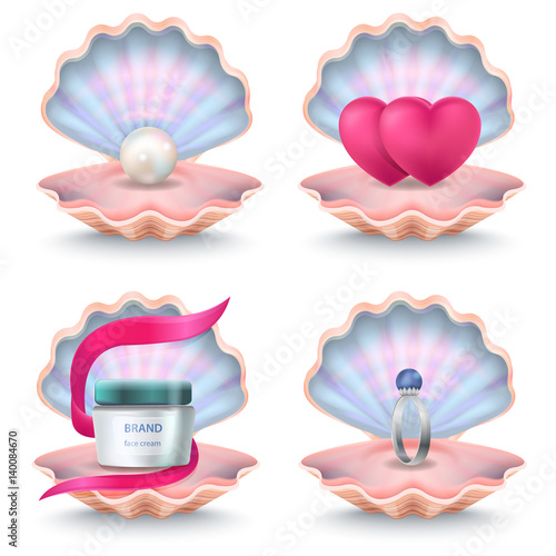 Shells with Face Cream, Pink Hearts, Wedding Ring