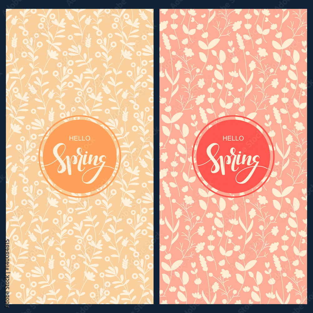 Naklejka premium vector set with pretty two orange and pink cards with floral pattern and hand drawn words happy spring