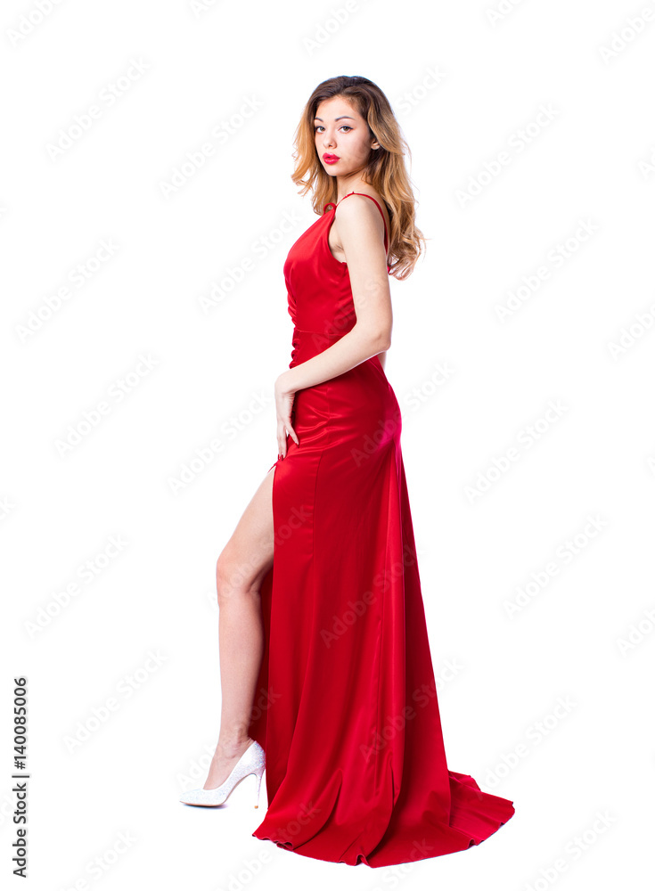 Young beautiful happy blonde woman in red dress