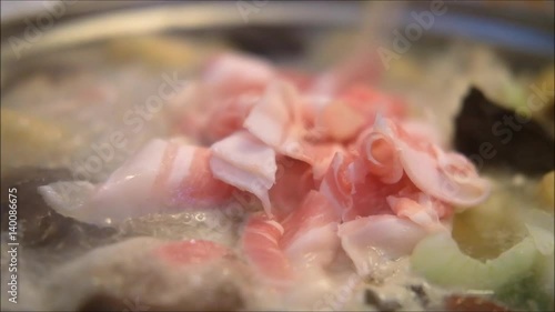 Sukiyaki or Shabu shabu or Hot pot, Sliced pork with vegetable in Boiling soup. Ready to eat
