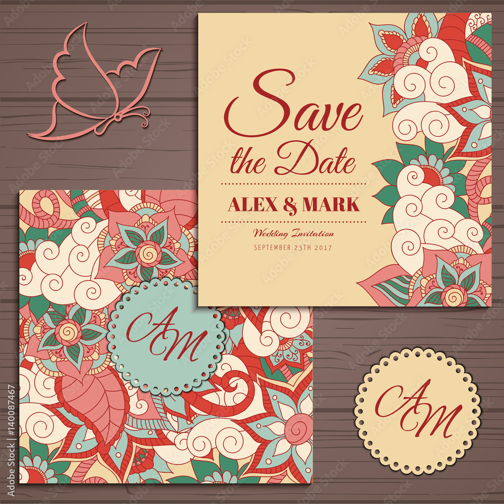 Naklejka premium Wedding invitation card suite with flower Templates.Vector Illustration