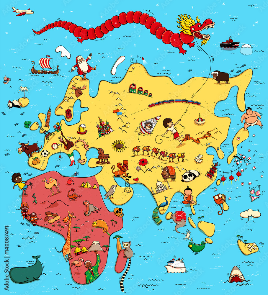 Fototapeta premium Illustrated Map of Europe, Asia and Africa