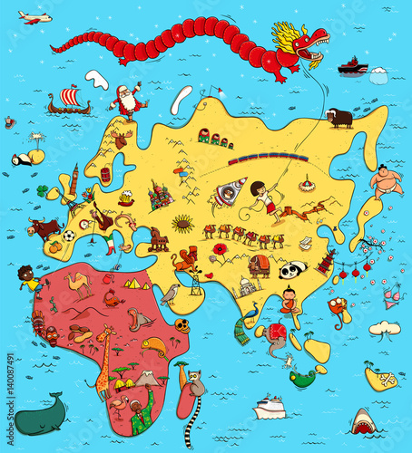 Fototapeta Naklejka Na Ścianę i Meble -  Illustrated Map of Europe, Asia and Africa
