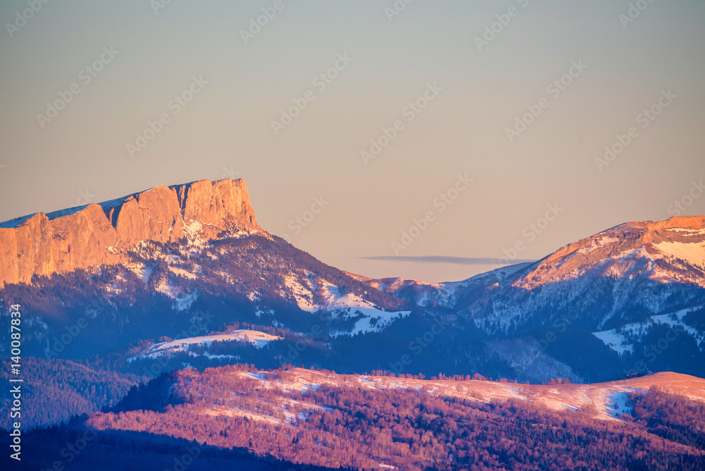 Sunrise winter mountains panorama