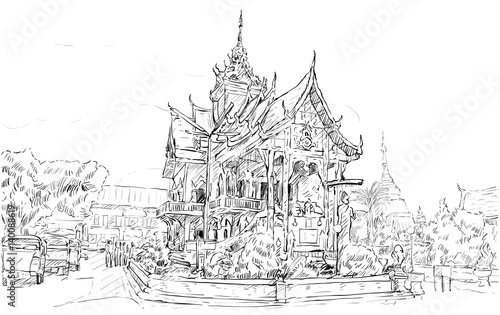 sketch of cityscape show asia style temple space in Thailand, illustration vector