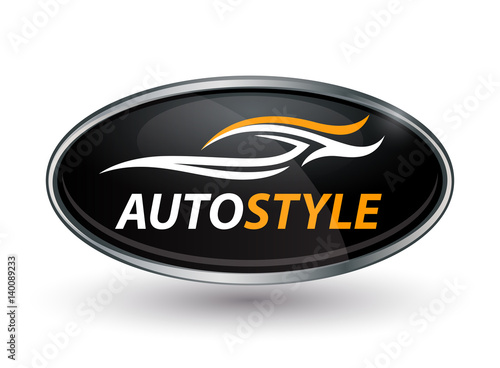 Concept automotive vehicle dealership logo design of black and silver chrome badge icon with abstract white and orange sports car silhouette isolated on white background. Vector illustration.