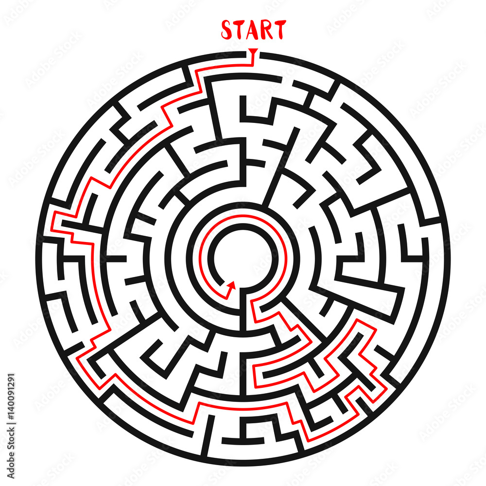 Circle Maze with Solution. Labyrinth with Entry and Exit. Find the Way Out Concept. Vector Illustration. Circle Maze with Solution. Labyrinth with Entry and Exit. Find the Way Out Concept. Vector Illustration.