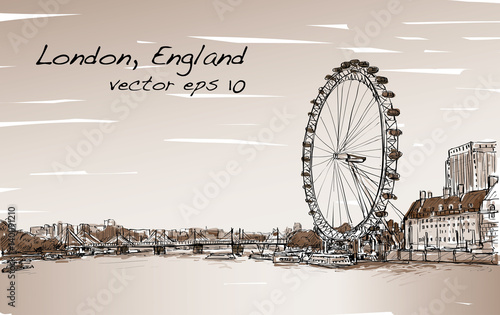 City scape drawing London eye and bridge, river, illustration vector