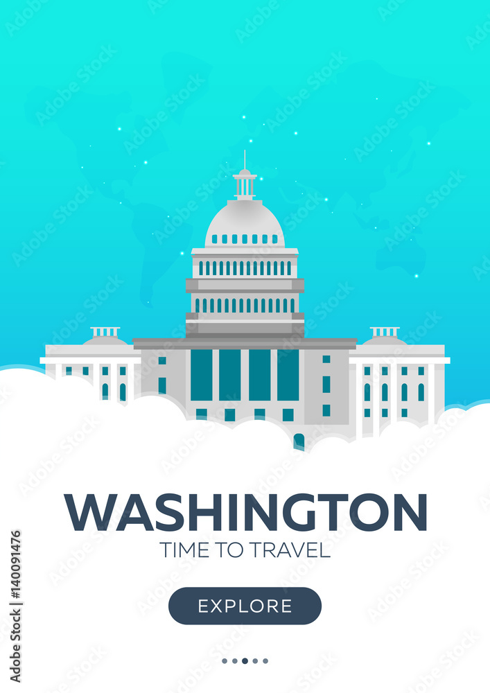 USA. Washington. Time to travel. Travel poster. Vector flat illustration.