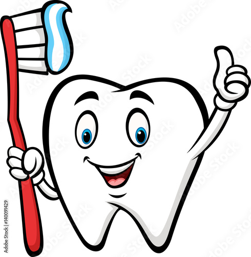 Cartoon tooth holding tooth brush and giving thumb up