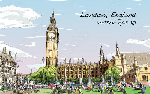 Sketch Cityscape of London The Big Ben and houses of parliament with peoples at public space, illustration