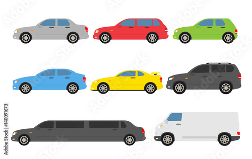 car and vehicles set side view on white background