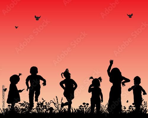 Vector, isolated, silhouette of children dancing on the grass