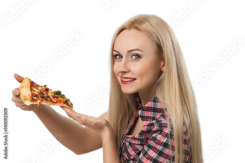 Blonde woman with big pizza
