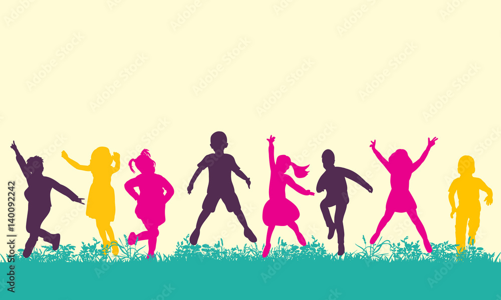 isolated, silhouette children jumping, multicolored silhouettes isolated, silhouette children jumping, multicolored silhouettes