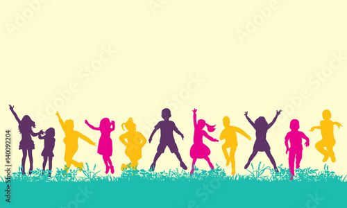 silhouette children jumping, multicolored silhouettes, childhood