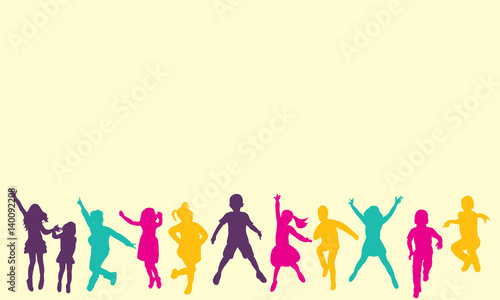 isolated  silhouette children jumping  multicolored silhouettes  childhood