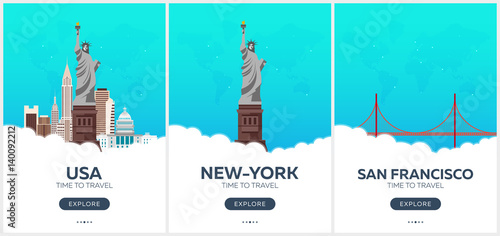 USA. San Francisco. Time to travel. Set of Travel posters. Vector flat illustration.