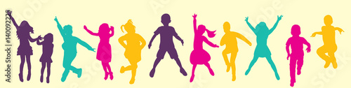 Vector, isolated, silhouette children jumping, multicolored silhouettes, childhood photo