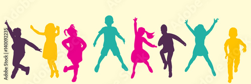 Vector, isolated, silhouette children jumping, multicolored silhouettes