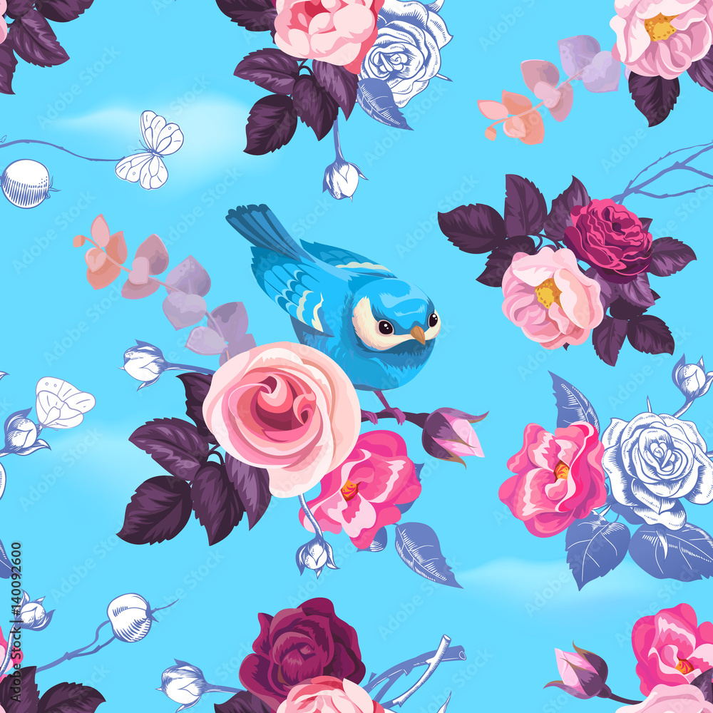 Gorgeous seamless pattern with half-colored wild roses and pretty little bird against blue clear sky on background. Spring bloom. Vector illustration for postcard, greeting card, wrapping paper.